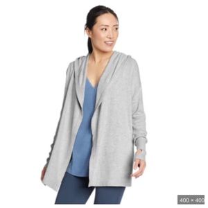 Eddie Bauer light Heather grey Engage Wrap Sweater with hood and thumbholes